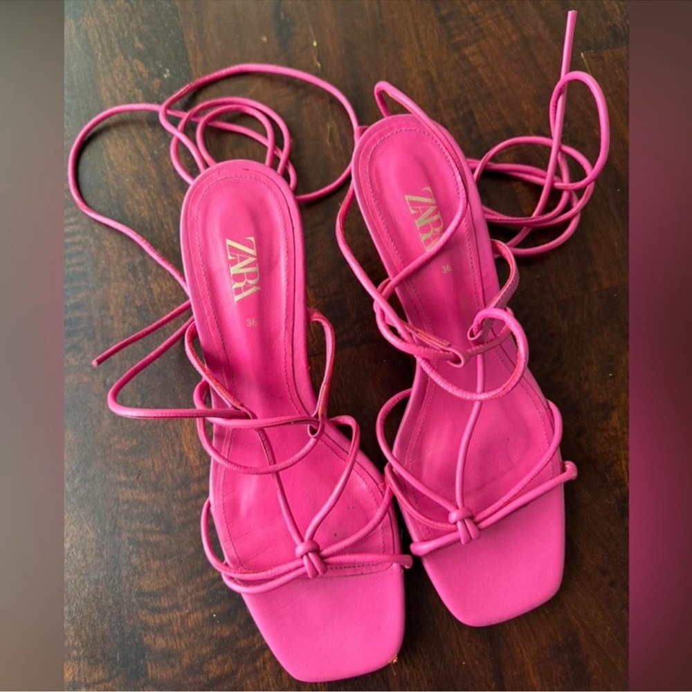 Zara Fuchsia Lace-Up Square Toe Heeled Sandals